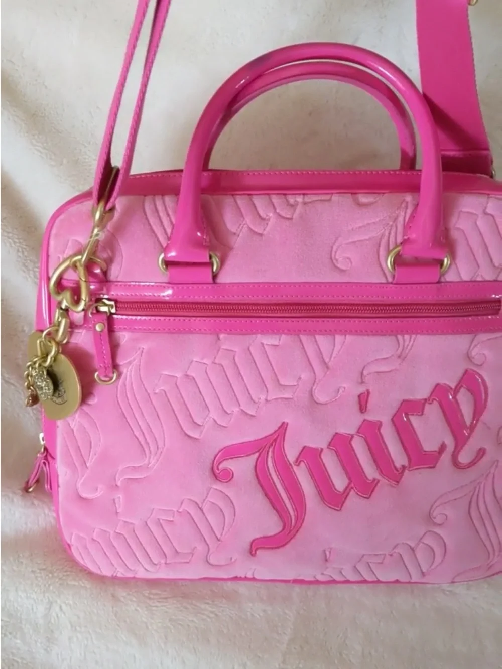 Y2k Juicy Couture Hot Pink Embossed Laptop Bag with Gold Hardware